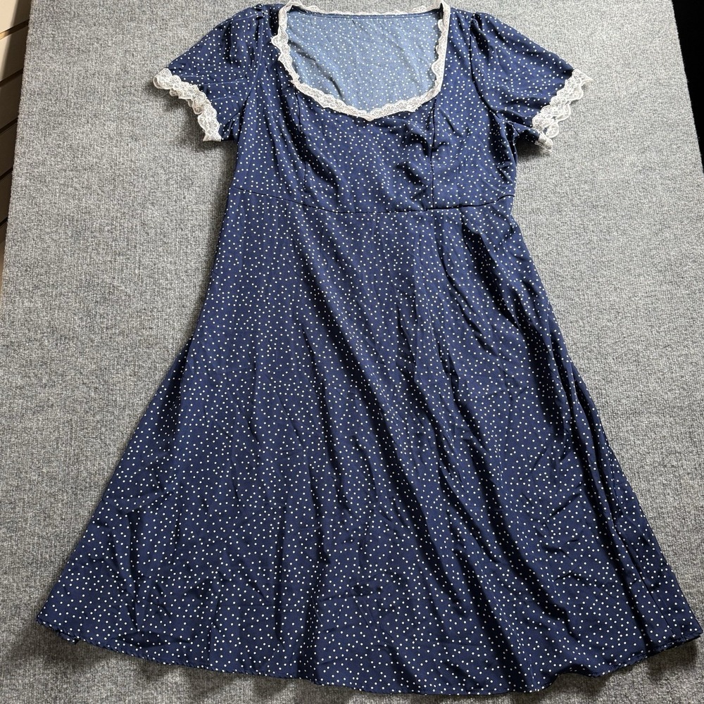 Women‎ Blue Polkadot Mini Dress Sweetheart Neck Short Sleeve Lace Trim Casual 3X